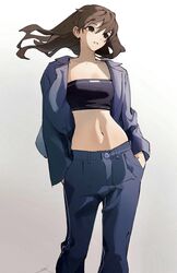  bandeau blue_jacket blue_pants breasts brown_eyes brown_hair commentary crop_top feet_out_of_frame female floating_hair hands_in_pockets head_tilt highres jacket kimura_731 long_hair long_sleeves looking_ahead medium_breasts midriff navel open_clothes open_jacket original pants parted_lips signature simple_background solo standing strapless symbol-only_commentary symbol-shaped_pupils tube_top white_background 