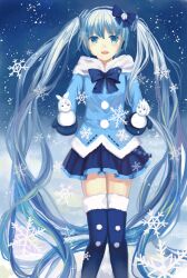  aqua_eyes aqua_hair bad_id bad_pixiv_id blue_ribbon blue_sky female fur-trimmed_jacket fur-trimmed_legwear fur_trim hair_ornament hair_ribbon hatsune_miku highres holding jacket kagamine_len kagamine_rin long_hair looking_at_viewer neck_ribbon open_mouth ribbon sha_(isago) skirt sky snowflakes snowing snowman solo thighhighs twintails very_long_hair vocaloid yuki_miku yuki_miku_(2012) zettai_ryouiki 