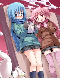  2girls bad_id bad_pixiv_id blush endou_masatoshi kaname_madoka kyuubee mahou_shoujo_madoka_magica mahou_shoujo_madoka_magica_(anime) miki_sayaka multiple_girls photoshop_(medium) scarf school_uniform short_twintails thighhighs twintails zettai_ryouiki 