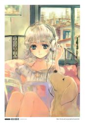  absurdres akg akg_k-series_headphones bed bed_frame canine female headphones highres kuramoto_kaya listening_to_music magazine_(object) original reading scan 