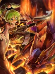  :o bare_shoulders battle black_pantyhose commentary_request dragon edobox female foreshortening green_eyes green_hair long_hair multi-tied_hair open_mouth pantyhose pantyhose_under_shorts ponytail saga saga_frontier_2 shoes shorts solo sword virginia_knights weapon 