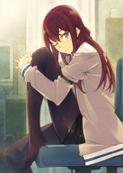  ;) bad_id bad_pixiv_id black_pantyhose black_shorts blue_eyes blush brown_hair closed_mouth commentary_request female hugging_own_legs inato_serere lab_coat leg_up long_hair looking_at_viewer makise_kurisu no_shoes one_eye_closed own_hands_clasped own_hands_together pantyhose pantyhose_under_shorts shorts sitting smile solo steins;gate 