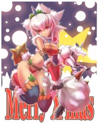  armor blush breasts cleavage commentary_request elbow_gloves female gloves hairband horns kirin_(armor) kirin_(monster_hunter) long_hair medium_breasts merry_christmas midriff monster_hunter_(character) monster_hunter_(series) monster_hunter_portable_3rd navel photoshop_(medium) red_eyes sack single_horn smile tsukigami_chronica weapon white_hair 