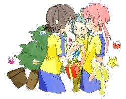  3boys abrame bad_id bad_pixiv_id blue_eyes brown_eyes brown_hair cake christmas christmas_tree decorations eating eyebrows food fork highres inazuma_eleven_(series) inazuma_eleven_go kariya_masaki kirino_ranmaru multiple_boys pink_hair shindou_takuto short_hair soccer_uniform sportswear twintails 