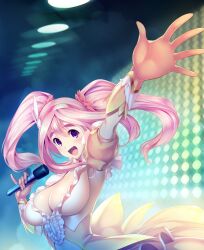  armpits breasts d-eve_in_you dress female game_cg gokokukyou hands highres large_breasts microphone non-web_source pink_hair purple_eyes solo thick_eyebrows ubukata_yume 