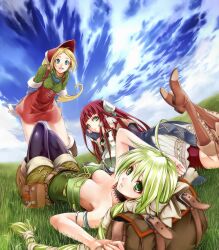  3girls aqua_eyes armlet bag bare_shoulders black_legwear blonde_hair bonnet boots breasts cloud commentary_request cordelia_(saga) day grass green_eyes green_hair group_picture highres kininaljaguar knee_boots long_hair lying medium_breasts multi-tied_hair multiple_girls outdoors pantyhose pantyhose_under_shorts primiera_(saga) red_hair red_skirt saga saga_frontier_2 shorts skirt sky smile virginia_knights 