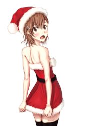  bad_id bad_pixiv_id blush brown_eyes brown_hair dress female from_behind hair_ornament hairpin hat looking_back misaka_mikoto photoshop_(medium) santa_costume santa_hat short_hair solo thighhighs toaru_kagaku_no_railgun toaru_majutsu_no_index total zettai_ryouiki 