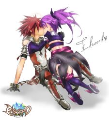  aisha aisha_(elsword) armor couple elsword elsword_(character) kissing kissing purple_hair red_hair twintails 