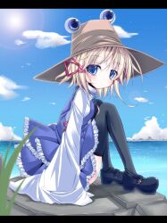  black_thighhighs blonde_hair blue_eyes blush cloud commentary_request day female frills futase_hijiri hat high_heels letterboxed mary_janes moriya_suwako ocean ribbon rock shoes short_hair sitting skirt sleeves_past_wrists smile solo thighhighs touhou 