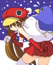  aonagi_hayate bad_id bad_pixiv_id bag brown_eyes brown_hair disgaea dress elbow_gloves female from_behind gloves hat kazamatsuri_fuuka long_hair looking_back makai_senki_disgaea_4 prinny red_gloves red_hat santa_costume smile solo thighhighs v white_thighhighs 