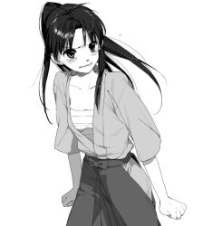  angry bad_id bad_pixiv_id female greyscale japanese_clothes kamiya_kaoru kimono long_hair monochrome ponytail rurouni_kenshin sarashi solo yumi_(konbutamago) 