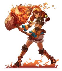  belt bloomers boots brown_eyes commentary_request crshe_(ys) detached_sleeves female fire full_body hammer knee_boots long_hair low-tied_long_hair michairu orange_sleeves orange_theme photoshop_(medium) red_hair sandals serious solo tattoo twintails underwear white_background ys ys_seven 