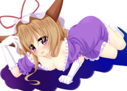  breasts brown_hair cleavage commentary_request cosplay elbow_gloves female gloves horns ibuki_suika long_hair medium_breasts open_mouth purple_eyes purple_skirt skirt solo touhou white_gloves yakumo_yukari yakumo_yukari_(cosplay) yoye_(pastel_white) 