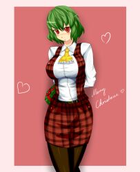  ascot black_pantyhose blush breasts commentary_request english_text female gift green_hair heart highres kazami_yuuka large_breasts looking_at_viewer merry_christmas pantyhose plaid plaid_skirt plaid_vest red_eyes safurantora short_hair skirt solo sweat touhou vest 