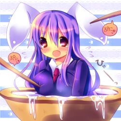  animal_ears blush bowl chibi chocolat_(momoiro_piano) chopsticks commentary_request female in_container jacket long_hair mini_person minigirl necktie open_mouth poking purple_eyes purple_hair rabbit_ears reisen_udongein_inaba shirt solo tears touhou 