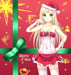  bad_id bad_pixiv_id bare_shoulders blonde_hair blue_eyes breasts christmas cleavage collarbone female garter_straps gloves hand_on_own_hip hat long_hair looking_at_viewer merry_christmas morerin navel original photoshop_(medium) santa_costume santa_hat see-through skirt small_breasts smile solo thighhighs white_gloves 