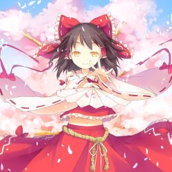  ascot black_hair bow brown_hair cherry_blossoms commentary_request detached_sleeves female folding_fan foreshortening fred04142 hair_tubes hairbow hakurei_reimu hand_fan hands looking_at_viewer midriff navel outstretched_hand paper_fan petals photoshop_(medium) red_skirt rope skirt smile solo touhou tree wide_sleeves wind wind_lift yellow_eyes 