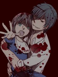  1boy black_eyes black_hair blood blue_eyes brown_hair commentary_request corpse_party female headband highres kizami_yuuya md5_mismatch mochida_yuka n_hirune spoilers 