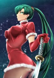  ass bad_id bad_pixiv_id elbow_gloves female fire_emblem fire_emblem:_the_blazing_blade gloves green_eyes green_hair highres katana long_hair lyn_(fire_emblem) pantyhose red_gloves sajittari santa_costume solo sword weapon 