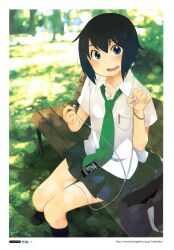  absurdres apple_inc. bag bench blue_eyes blue_hair digital_media_player earbuds earphones female highres ipod ipod_touch necktie original pointing pointing_at_viewer scan school_uniform shared_earphones short_hair skirt socks solo 