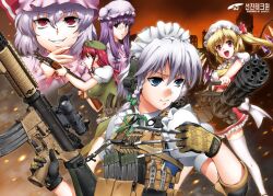  5girls acog assault_rifle bad_id beret bespectacled blonde_hair blue_eyes braid crescent elbow_pads flandre_scarlet gatling_gun glasses gloves grey_hair gun gun_sling hat headset henshako hong_meiling izayoi_sakuya kalashnikov_rifle knife korean_text load_bearing_vest long_hair m134_minigun m16 m16a4 maid maid_headdress military_operator minigun multiple_girls patchouli_knowledge photoshop_(medium) purple_hair red_eyes red_hair remilia_scarlet rifle short_hair side_ponytail star_(symbol) thighhighs throwing_knife touhou trigger_discipline twin_braids type_56_assault_rifle weapon wings 