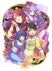  4girls arabian_clothes bad_id bad_pixiv_id baggy_pants blue_eyes blue_hair bracelet breasts brown_eyes brown_hair detached_sleeves green_eyes green_hair highres inazuma_eleven inazuma_eleven_(series) jewelry kino_aki kudou_fuyuka lizzydom long_hair medium_breasts midriff multiple_girls necklace otonashi_haruna pants purple_eyes purple_hair raimon_natsumi small_breasts 