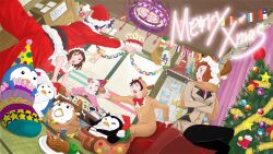  2boys 3girls animal_costume bird blue_hair bob_cut brown_eyes brown_hair cake christmas commentary_request food gloves green_eyes hat highres kazuo_daisuke long_hair mawaru_penguindrum multiple_boys multiple_girls natsume_masako oginome_ringo pantyhose penguin penguin_1-gou penguin_2-gou penguin_3-gou photoshop_(medium) purple_eyes red_hair reindeer_costume santa_costume santa_hat siblings takakura_himari takakura_kanba takakura_shouma 