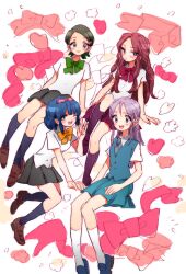  19nichi_(litedatobalita) 4girls blue_eyes blue_hair brown_hair commentary eyewear_on_head glasses green_eyes green_hair inazuma_eleven inazuma_eleven_(series) kino_aki kudou_fuyuka long_hair multiple_girls otonashi_haruna purple_hair raimon_natsumi school_uniform short_hair skirt smile symbol-only_commentary 