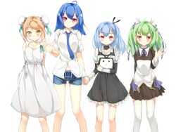  4girls acfun acfun_girl ahoge aqua_hair bare_shoulders bili_girl_22 bili_girl_33 bilibili blue_hair blush brown_hair bun_cover chinese_commentary commentary cu_(fsy84738368) double_bun dress green_dam green_hair hair_bun hair_ribbon highres holding_hands long_hair mascot multiple_girls necktie os-tan personification photoshop_(medium) red_eyes ribbon short_hair simple_background single_hair_bun skirt television twintails waving white_background yellow_eyes 