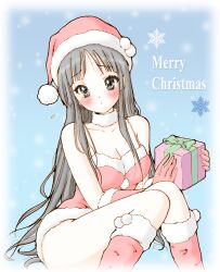  akiyama_mio bad_id bad_pixiv_id black_hair blue_eyes bluez boots breasts cleavage female gift hat highres holding holding_gift k-on! long_hair medium_breasts santa_boots santa_costume santa_hat solo 