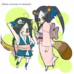  2girls :q animal_ears chibi commentary_request japanese_clothes kamiya_kaoru kimono lowres makimachi_misao multiple_girls reico rurouni_kenshin smile tail tongue tongue_out v 