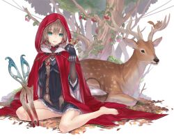  animal animal_on_hand aqua_eyes autumn_leaves bare_legs barefoot basket berry black_dress black_gloves blood blush braid brown_hair choker cloak colored_eyelashes commentary_request deer dress female fingerless_gloves gloves grimm&#039;s_fairy_tales hair_ornament hair_ribbon hood hood_up leaf little_red_riding_hood little_red_riding_hood_(grimm) long_hair nature nidy open_mouth photoshop_(medium) ribbon shears short_dress sitting squirrel tree twin_braids x_hair_ornament yokozuwari 