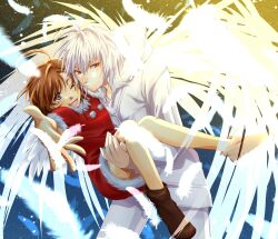  1boy accelerator_(toaru_majutsu_no_index) ahoge albino angel_wings brown_eyes brown_hair christmas commentary_request energy energy_wings falling_feathers feathered_wings feathers female fujiwara_system glowing glowing_feather glowing_wings last_order_(toaru_majutsu_no_index) magic one_eye_closed psychic red_eyes santa_costume short_hair smile toaru_majutsu_no_index white_feathers wings 