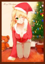  ahoge bad_id bad_pixiv_id blonde_hair breasts cleavage female green_eyes hat highres hoshii_miki idolmaster idolmaster_(classic) kneeling large_breasts long_hair noroko0614 one_eye_closed pantyhose pantyhose_under_shorts santa_costume santa_hat shorts sleepy smile solo stuffed_toy tree unzipped 