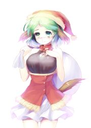  alternate_costume animal_ears blush breasts commentary_request female green_eyes green_hair hat kasodani_kyouko large_breasts sack sakimori_dan santa_hat short_hair skirt smile solo tail touhou 