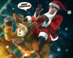  2boys animal_costume bad_id bad_pixiv_id barnaby_brooks_jr. bell blonde_hair boots brown_eyes brown_hair christmas facial_hair glasses gloves green_eyes hat kaburagi_t._kotetsu male_focus merry_christmas multiple_boys photoshop_(medium) reducto reindeer_costume reins riding rubber_nose santa_costume santa_hat sitting sitting_on_person stubble tiger_&amp;_bunny v 