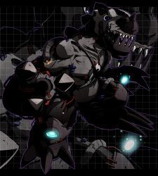  armor blue_eyes cable claws colored_skin commentary_request cyborg digimon digimon_(creature) fangs glowing grey_skin horns letterboxed metaltyranomon monster no_humans satsuki_mei_(sakuramochi) single_horn solo spikes zoom_layer 