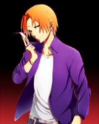  1boy commentary_request curtained_hair fate/zero fate_(series) highres jacket male_focus orange_hair purple_jacket scalpel solo uryuu_ryuunosuke usagiumi weapon 