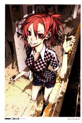  absurdres artist_name blouse breasts casual checkered_clothes checkered_shirt cleavage digital_media_player earphones eyelashes female foreshortening from_above grin hair_between_eyes highres ipod looking_at_viewer medium_breasts miwa_shirow necktie original polo_shirt red_eyes red_hair shirt short_hair short_shorts short_sleeves shorts shure smile socks solo_focus subway taut_clothes taut_shirt train_station watch watermark wristwatch 