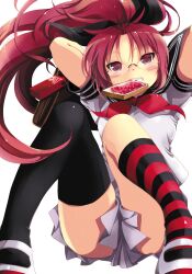  alternate_costume asymmetrical_legwear bag bespectacled black_thighhighs blush bow bread commentary_request female food glasses gouda_nagi hairbow highres jam long_hair mahou_shoujo_madoka_magica mahou_shoujo_madoka_magica_(anime) mismatched_legwear mouth_hold ponytail red_eyes red_hair red_legwear sakura_kyoko school_uniform simple_background sitting skirt socks solo striped_clothes striped_socks thighhighs white_background 