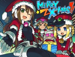  2boys 2girls aile_(mega_man_zx) bell belt blonde_hair blue_eyes bodysuit brown_hair christmas commentary_request cropped_jacket facial_hair fleuve_(mega_man) glasses gloves green_eyes hareng_(mega_man) hat jacket mega_man_(series) mega_man_zx mega_man_zx_advent merry_christmas moustache multiple_boys multiple_girls one_eye_closed pouch prairie_(mega_man) santa_costume santa_hat shigehiro_(hiroi_heya) 