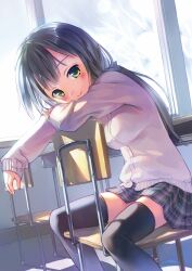  black_hair black_thighhighs blush cardigan chair classroom commentary_request desk female green_eyes highres indoors long_hair looking_at_viewer original photoshop_(medium) ponytail school school_uniform sitting sitting_backwards skirt smile solo takoyaki_(roast) thighhighs window 