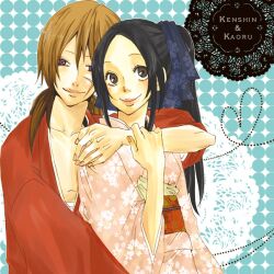  1boy commentary_request couple female hands himura_kenshin hug japanese_clothes kamiya_kaoru kimono long_hair ponytail reico rurouni_kenshin smile straight 