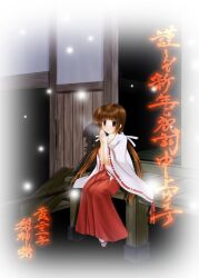  brown_hair commentary_request female japanese_clothes long_hair miko nashigami_tsubute original photoshop_(medium) sitting solo 