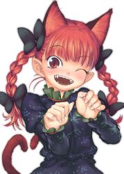  animal_ears braid cat_ears cat_tail commentary_request extra_ears fangs female hands highres kaenbyou_rin multiple_tails nametake one_eye_closed open_mouth photoshop_(medium) red_eyes red_hair solo tail teeth touhou twin_braids upper_body 