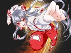  absurdres bow colorized commentary_request female foreshortening fujiwara_no_mokou hairbow highres long_hair looking_at_viewer outstretched_arm perspective red_eyes solo toron_(mino106) touhou yakusouuu 