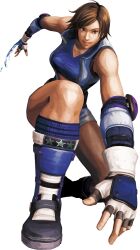  absurdres boots brown_eyes brown_hair elbow_pads female female fingerless_gloves full_body gloves highres kazama_asuka midriff official_art short_hair shorts simple_background solo squatting street_fighter street_fighter_x_tekken tekken unzipped zipper 