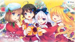  4girls :d :o ;d ahoge aizawa_aoi aizawa_hikaru aizawa_rei aizawa_yuu_(microsoft) belt beret black_hair blonde_hair blue_eyes bow brown_hair christmas christmas_tree closed_eyes glass hair_ornament hair_ribbon hairbow happy_new_year hat highres merry_christmas microsoft multiple_girls new_year official_art official_wallpaper one_eye_closed open_mouth ribbon shinia short_hair silverlight smile sweat toasting_(gesture) two_side_up white_hair 