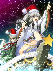  2girls :d :o alternate_headwear arm_garter bare_legs belt blue_eyes blush boat chima_q christmas commentary_request decorations dress ghost_tail green_dress green_hair grey_hair hat highres japanese_clothes kariginu long_sleeves mononobe_no_futo multiple_girls multiple_tails night night_sky open_mouth outstretched_hand panties pantyshot photoshop_(medium) pointing pointing_up pom_pom_(clothes) ponytail sack santa_hat short_hair sky smile soga_no_tojiko star_(sky) star_(symbol) starry_sky tail touhou underwear water watercraft white_panties wide_sleeves 