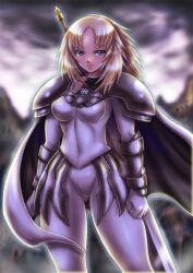  blonde_hair boken_fantasy bracer cape claymore_(series) cloud commentary_request female glaring grey_eyes highres lips miria_(claymore) ponytail serious shoulder_pads solo sword weapon 